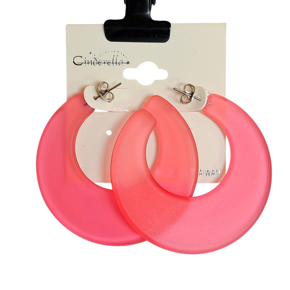 80s Pink Hoop Earrings 2" Plastic Post Back Retro Costume Jewelry Retro Acrylic